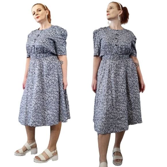VTG 80s USA Blue White Floral Belted Secretary Midi Dress Size 10/ Medium - Picture 5 of 16